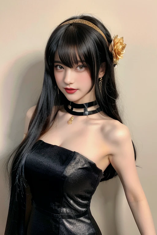 yor briar, anime style beutiful woman, 1girl,fullbody, happy, smile, red face, closed mouth, beautiful detailed eyes, super detailed skin, backlighting, bare shoulders, black background, black dress, black gloves, black hair, breasts, dress, earrings, fingerless gloves, floating hair, floral print, flower, gloves, gold earrings, gold hairband, hair flower, hair ornament, hairband, holding, holding weapon, jewelry, large breasts, long hair, looking at viewer, off-shoulder dress, off shoulder,red eyes, short hair with long locks, sidelocks, solo, spikes, thighs, two-sided dress, two-sided fabric, weapon, fighting stance , face, close up, from above, highest quality, high resolution.