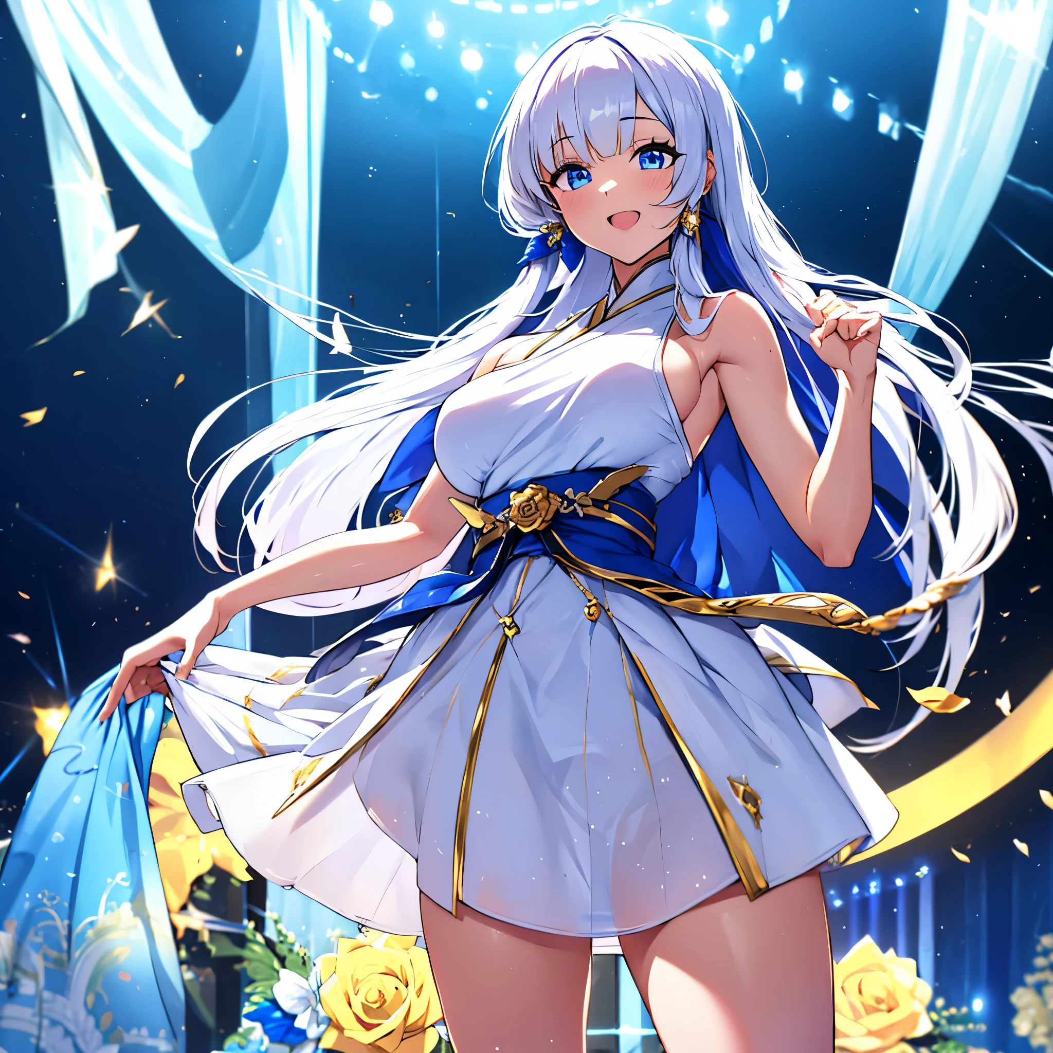 a woman wearing a white dress with blue details, Japanese idol dress, short skirt, gold details on the dress, long white hair, golden rose in her hair, on an idol music stage, blue and white lights, lighting, faint blue eyes,HDR, ultra resolution, well defined, masterpiece, 8K HD (woman solo )
