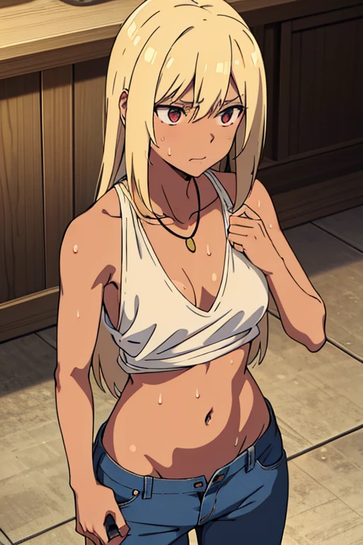 tan skinned anime woman wearing a cami top and jeans, famished in hunger, (necklace), (gently resting hands on stomach), (sweating), (long hair), (hands on stomach)