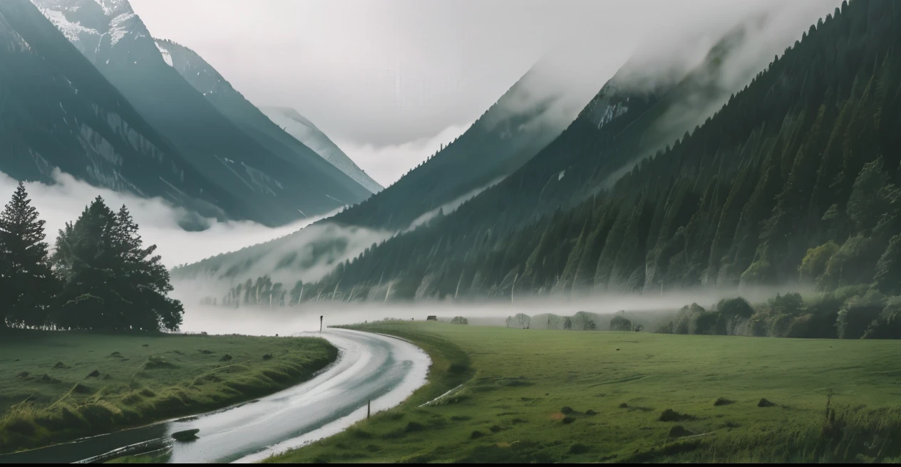 Detailed Landscape - Width 632，Height 333, landscape mode, Mountains, Green Tree, foggy weather atmosphere, foggy photo 8k, today\Featured photos 4k, Gloomy Weather. high quality, No sputtering 4k, Widescreen screenshot, No sputtering, Long distance fog, 3D parallax view effect