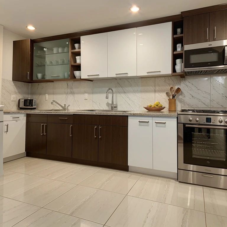 Kitchen decorated with Classic custom furniture: Cabinets with frames and details, cores neutras ou tons quentes como madeira natural, granite or marble countertop.
lighting: lighting natural e artificial bem planejada, pendant lights over the island or counter, spots under cabinets.
organization: Drawers and shelves with dividers, cabinets with sliding or opening doors, nichos para small household appliances.
Decoration: Plantas, quadros, Kitchen utensils pendurados, cores que combinem com o estilo escolhido.
Funcionalidade:
Home appliances: Geladeira, stove, forno, microondas, dishwasher (if possible).
Pia: Cuba dupla, faucet with water filter, triturador de alimentos (se desejar).
Armazenamento: Space to store food, Kitchen utensils, panelas, small household appliances.
Preparo de alimentos: Spacious cutting bench, preparar e cozinhar alimentos.
Conforto:
Piso: Cool, easy-to-clean floor, such as porcelain or ceramic.
Revestimentos: Revestimentos nas paredes que combinem com o estilo da cozinha, como azulejos, pastilhas ou tinta.
Bancadas: Countertops made of durable, easy-to-clean material, como granito, silestone ou mármore.
Home appliances: Home appliances modernos e eficientes que facilitam o dia a dia.