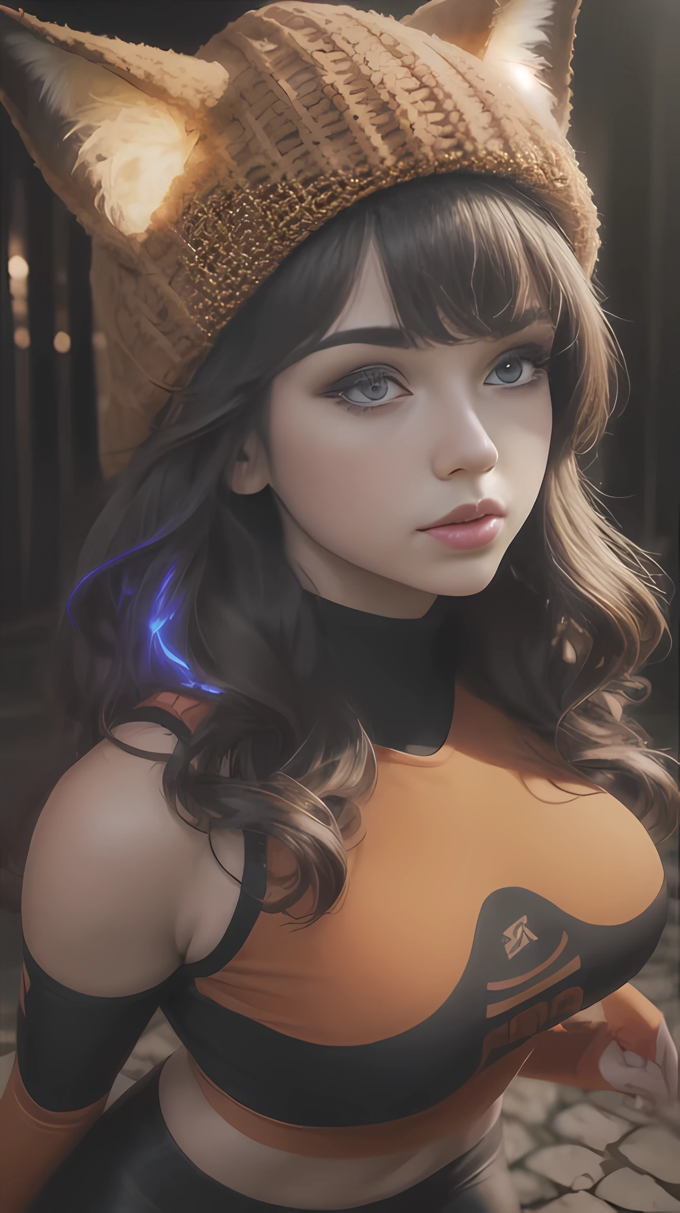 (vivid colors,best quality,highres,ultra-detailed,realistic),portrait,girl,orange glowing tight leggings,medium bust,fox ear hat.
