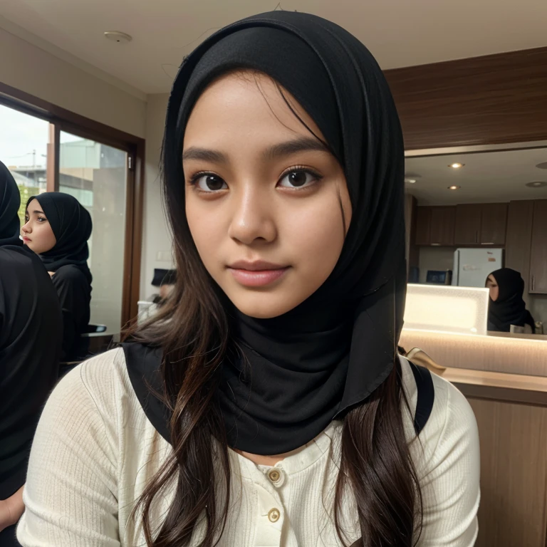 Sweet beautiful Bogor city girl, georgeus face, 22 years old, slim body, wavy hairs, wearing hijab, realistic, very detail,