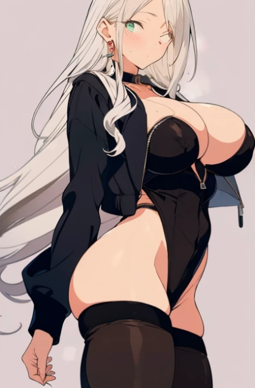 (obra de arte, melhor qualidade) detalhado, wearing black pantyhose, silver accessories , unzipped zipper , loiro ,elegante, orelhas pontudas ,roupas de freiras,clothes with zippers,cruzar,cruzar decoration