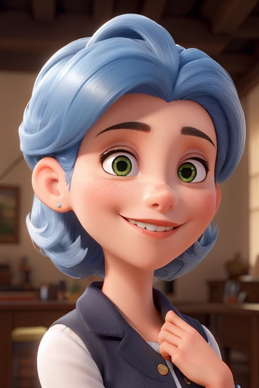 obra-prima, de melhor qualidade, uma mulher com cabelos castanhos ondulados, sardas no rosto e olhos azuis