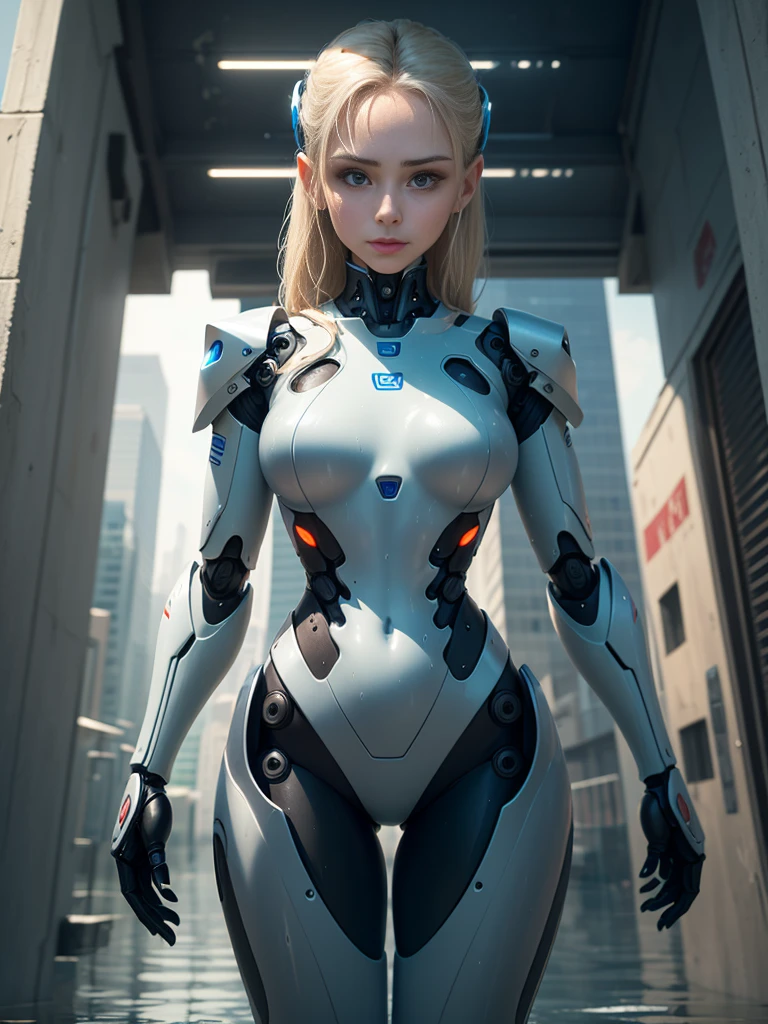 A robot with perfect female face, super realistic humanoid, robot with human-like face and mechanical detailed body, 8K image, robot with bird posing in its hand, peaceful environment, futuristic city background, super realistic robot with human-like physiognomy, peaceful robot, ((Masterpiece, best quality,)), dumb, (wet:1.2), girl, medium breasts, (see-through:1.3)