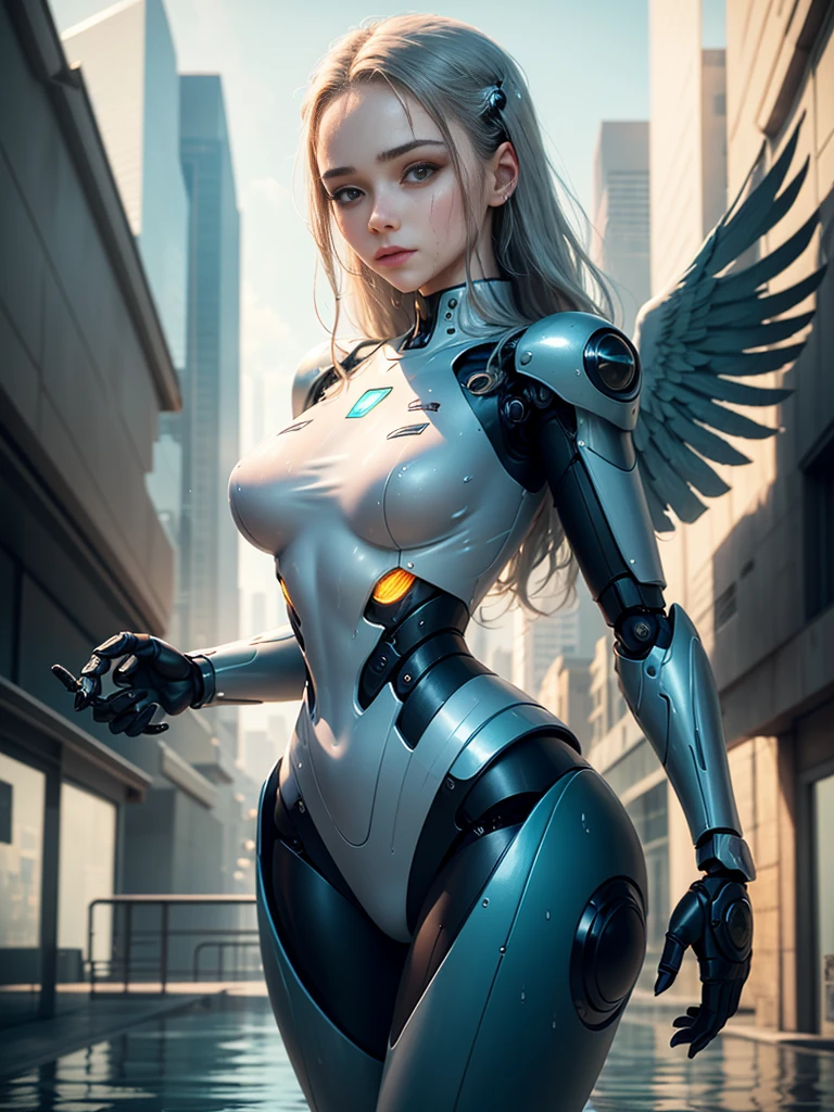 A robot with perfect female face, super realistic humanoid, robot with human-like face and mechanical detailed body, 8K image, robot with bird posing in its hand, peaceful environment, futuristic city background, super realistic robot with human-like physiognomy, peaceful robot, ((Masterpiece, best quality,)), dumb, (wet:1.2), girl, medium breasts, (see-through:1.3)