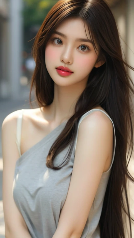 1 girl, young face, solo, Korean, looking at viewer, (white wavy hair), medium breasts, beautiful face, light smile, green eyes, casual clothes, slim adult body, no clothes, sexy pose, outside, best quality, highest quality, high resolution, (realistic), (masterpiece:1.2)