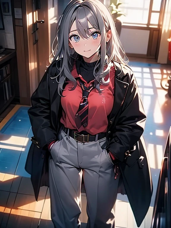 (mature woman１name), (gray hair, long hair:1.3), blue colored eyes, (medium breasts), (red leather long coat), belt, pants, office, masterpiece, high quality, ((masturbation:1.6, touch pussy))