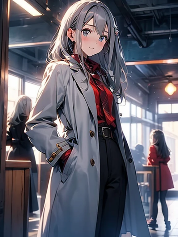 (mature woman1name), (gray hair, long hair:1.3), blue colored eyes, (medium breasts), (red leather long coat), belt, pants, office, masterpiece, high quality, ((masturbation:1.6, touch pussy))