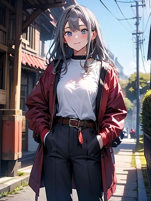 (mature woman1name), (gray hair, long hair:1.3), blue colored eyes, (medium breasts), (red leather long coat), belt, pants, office, masterpiece, high quality, ((masturbation:1.6, touch pussy))