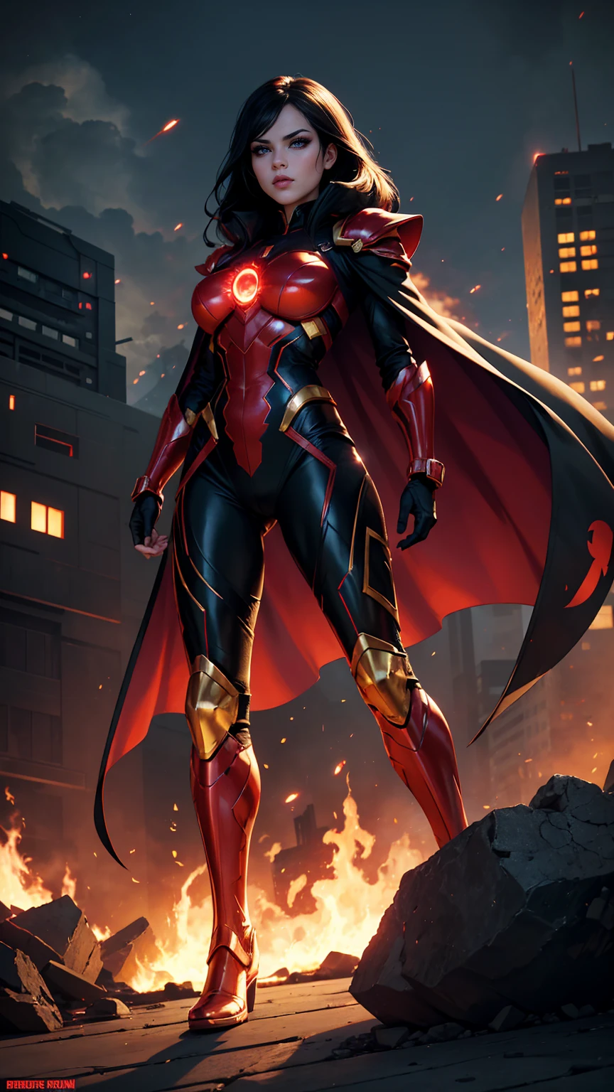 ((Full body photo, standing, feet on the ground)) Detailed background, masterpiece, best quality, 25 year old female supervillain, red skin decent, black eyeballs, futuristic skyline, burning buildings, meteor crashing in background, super long flowing black hair, long gold cape, evil but beautiful face, toned thin figure, full body, flying pose, elegant, powerful, immortal, lit by red solar flare, fire storm, body armor, armored gold boots, glowing red accents on costume, gold armored gloves, red and black superhero bodysuit, red glow in eyes