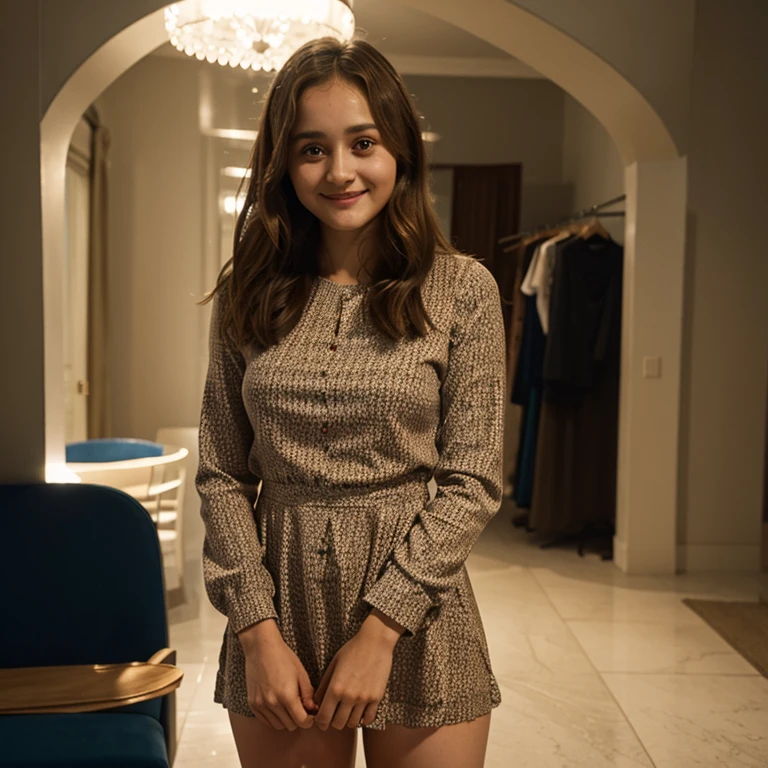 Ella Purnell wearing short tight dress and smiling