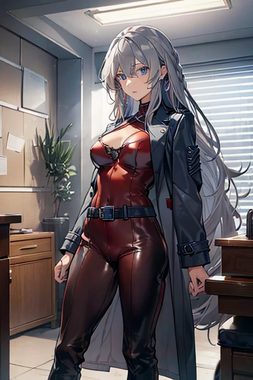 Tall, slim, She has long grey hair tied back in an enormous, messy ponytail that reaches down to her thighs, hair covering one eye, she wears a red jacket, wearing a black full-body suit, golden eyes, angle from below, laboratory background
