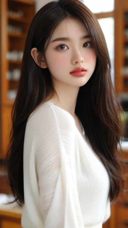 1 girl, young face, solo, Korean, looking at viewer, (white wavy hair), medium breasts, beautiful face, light smile, green eyes, casual clothes, slim adult body, no clothes, sexy pose, outside, best quality, highest quality, high resolution, (realistic), (masterpiece:1.2)