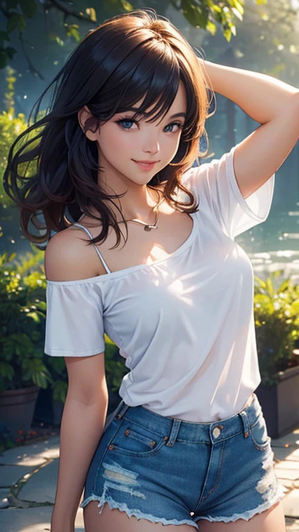 (Best quality,ultra detailed,photorealistic:1.37),bright and rich colors,studio lighting,playful and smiling expression of a beautiful face,stylish makeup, short denim shorts,hair fluttering in the wind,alluring smiling eyes, (((short T-shirt with a deep neckline))), glossy lips,sexy free pose, I smile confidently and seductively,posing for a professional photo shoot,shallow depth of field,highlighting the main subject,soft natural lighting,Creating a dreamy and magical atmosphere.