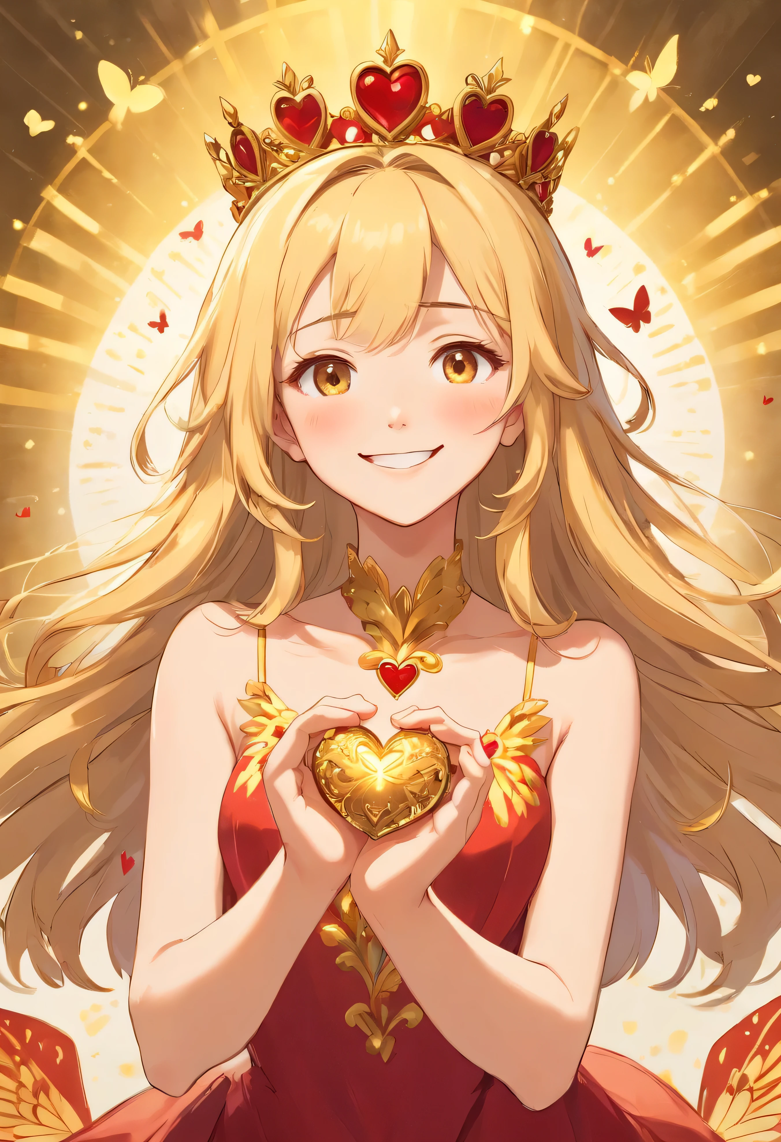 A delicate and beautiful ultra detailed girl with long, slightly wavy bright golden hair cascading down her back framing her face as she is smiling with joy forming a heart with her hands denoting her joy shining in light. Usando un vestido adornando con intrincados patrones dorados y rojos. On top of his head he wears a magnificent golden crown.. Its intricate design reflects perfection with red and gold butterflies delicately perched on it.. She is facing the front smiling, forming a heart with her delicate hands., muy feliz. Making a heart sign with both hands. Forming a heart with both hands. Chica con cabello dorado.