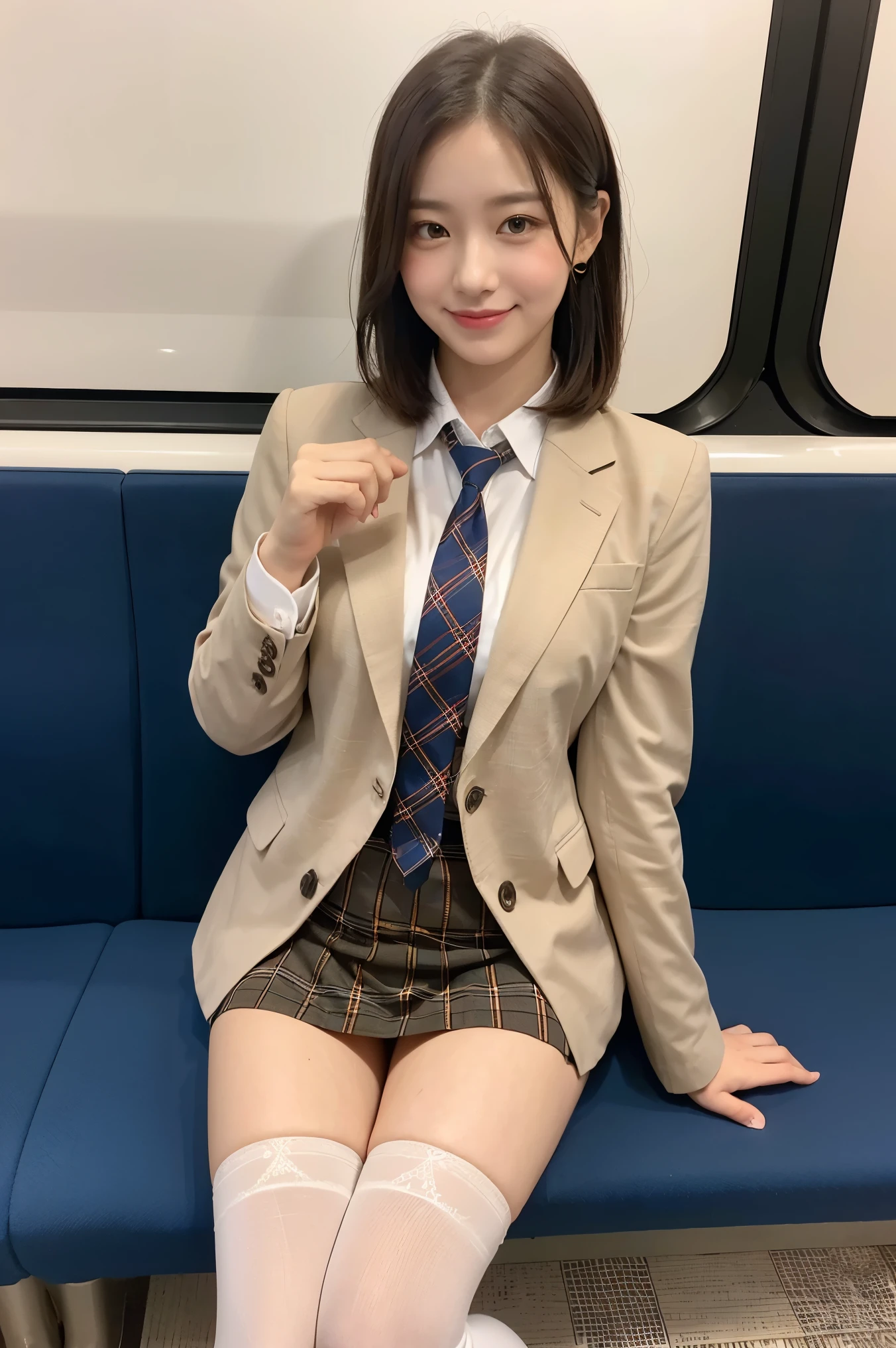 (8k), (highest quality: 1.2), (Realistic), (Realistic: 1.37), Ultra-high resolution, 1 girl, cute, Embarrassed smile, Blushing,Mouth closed, Peach-colored lip,Beautiful details, Beautiful Nose, Beautiful Hair, Bob Hair,Giant Dulcefo, pork, Thighs,Self Snap,University uniform,Sitting on a train in Tokyo,simple blazer,Pleated skirt,(The pattern of the skirt and tie is a tartan check pattern....:1.3),Crossing your legs, From above,(Thighsにクローズアップ),(光沢のあるThighs),(Opaque blue knee-high socks:1.2)