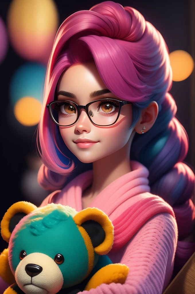 obra de arte, melhor qualidade, 3D rendering work, Estilo 3DMM, fechar-se, retrato, 3d, 1 garota, Sozinho, esperando ansiosamente, Wearing prescription glasses, sweet expression, feliz, holding an amigurumi teddy bear, pele negra, medium length type 3C hair, cores pastel rosa, realista, tronco, fundo simples, desviando o olhar, separated lips, cabelo encaracolado