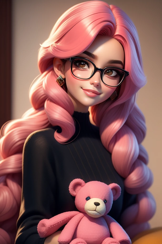 obra de arte, melhor qualidade, 3D rendering work, Estilo 3DMM, fechar-se, retrato, 3d, 1 garota, Sozinho, esperando ansiosamente, Wearing prescription glasses, sweet expression, feliz, holding an amigurumi teddy bear, pele negra, medium length type 3C hair, cores pastel rosa, realista, tronco, fundo simples, desviando o olhar, separated lips, cabelo encaracolado