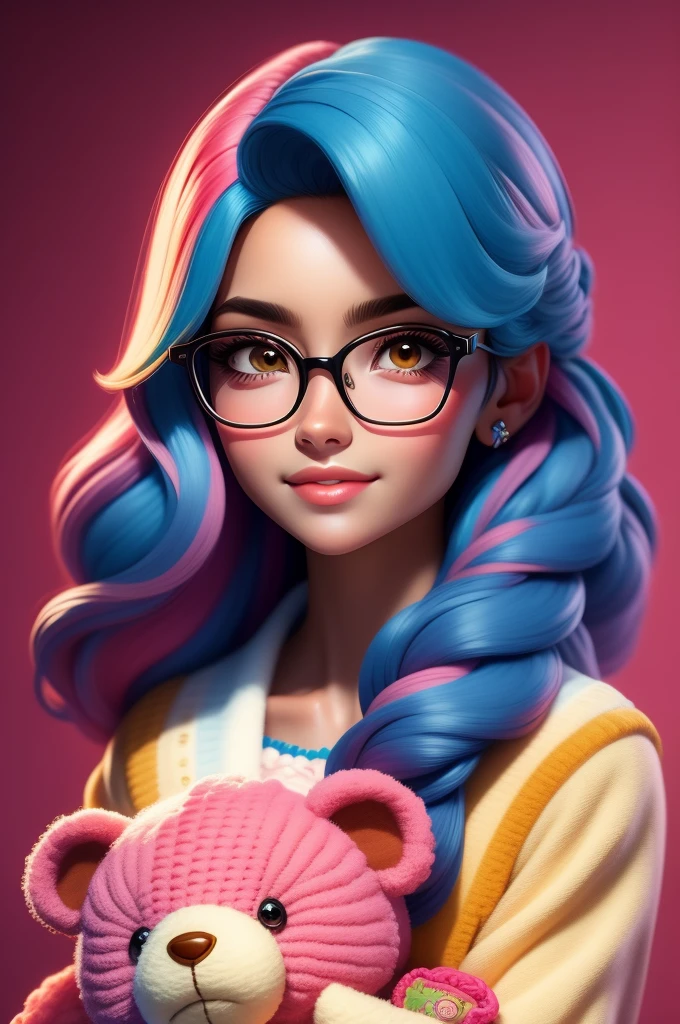 obra de arte, melhor qualidade, 3D rendering work, Estilo 3DMM, fechar-se, retrato, 3d, 1 garota, Sozinho, esperando ansiosamente, Wearing prescription glasses, sweet expression, feliz, holding an amigurumi teddy bear, pele negra, medium length type 3C hair, cores pastel rosa, realista, tronco, fundo simples, desviando o olhar, separated lips, cabelo encaracolado