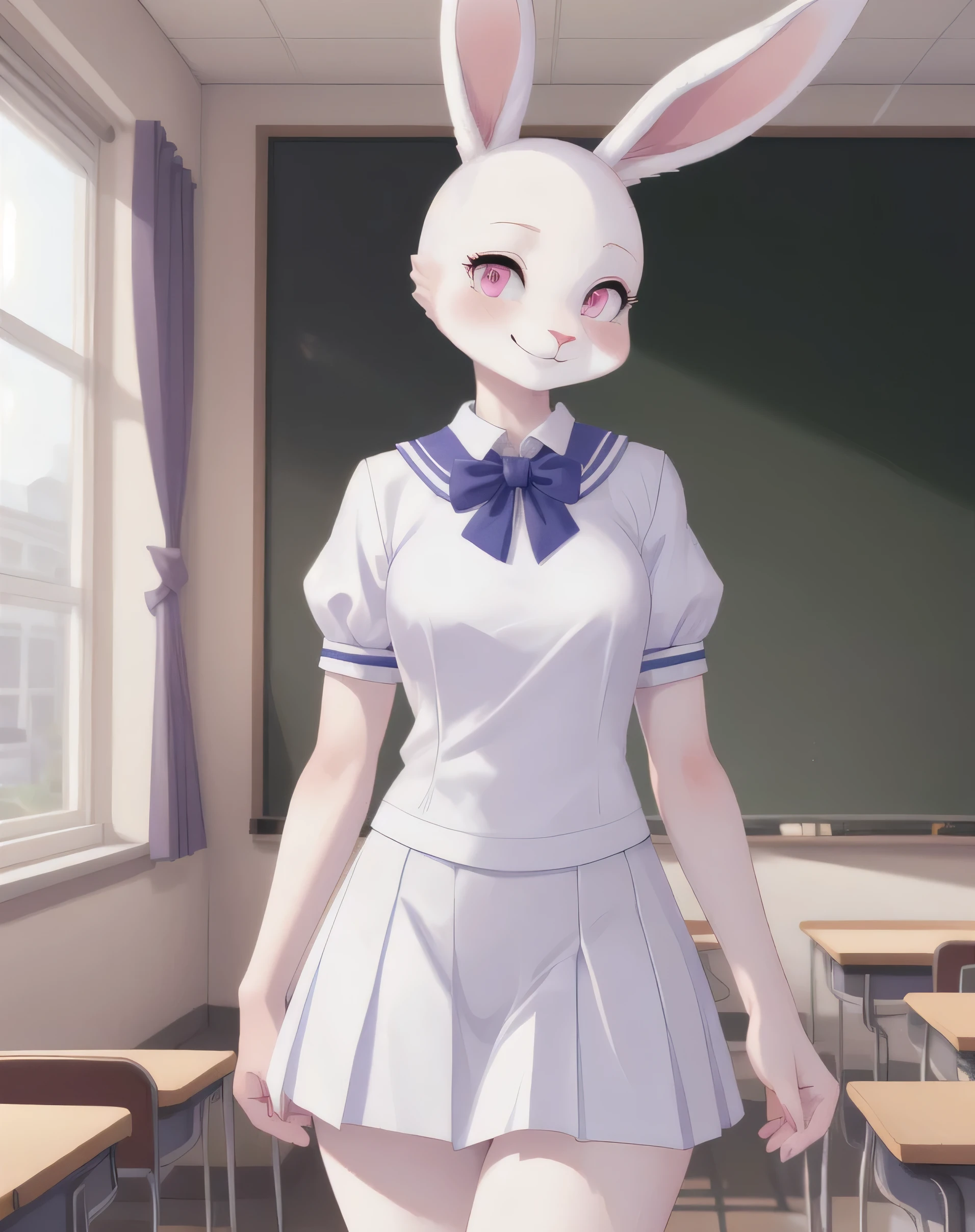 1bunny, (Feminine), slim body, solo, smile, masterpiece, classroom, scenery, (female bunny:1.2), ((entire body white fur over skin)), ((no hair)), pink eyes, (wearing blue japonese high school uniform), ((high colors))