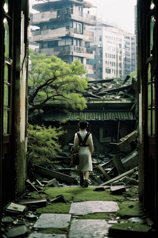City,moss,Collapse,Devastation,Inside the ruins is narrow,Showa,Glasses,Women,adventure,Black and White,