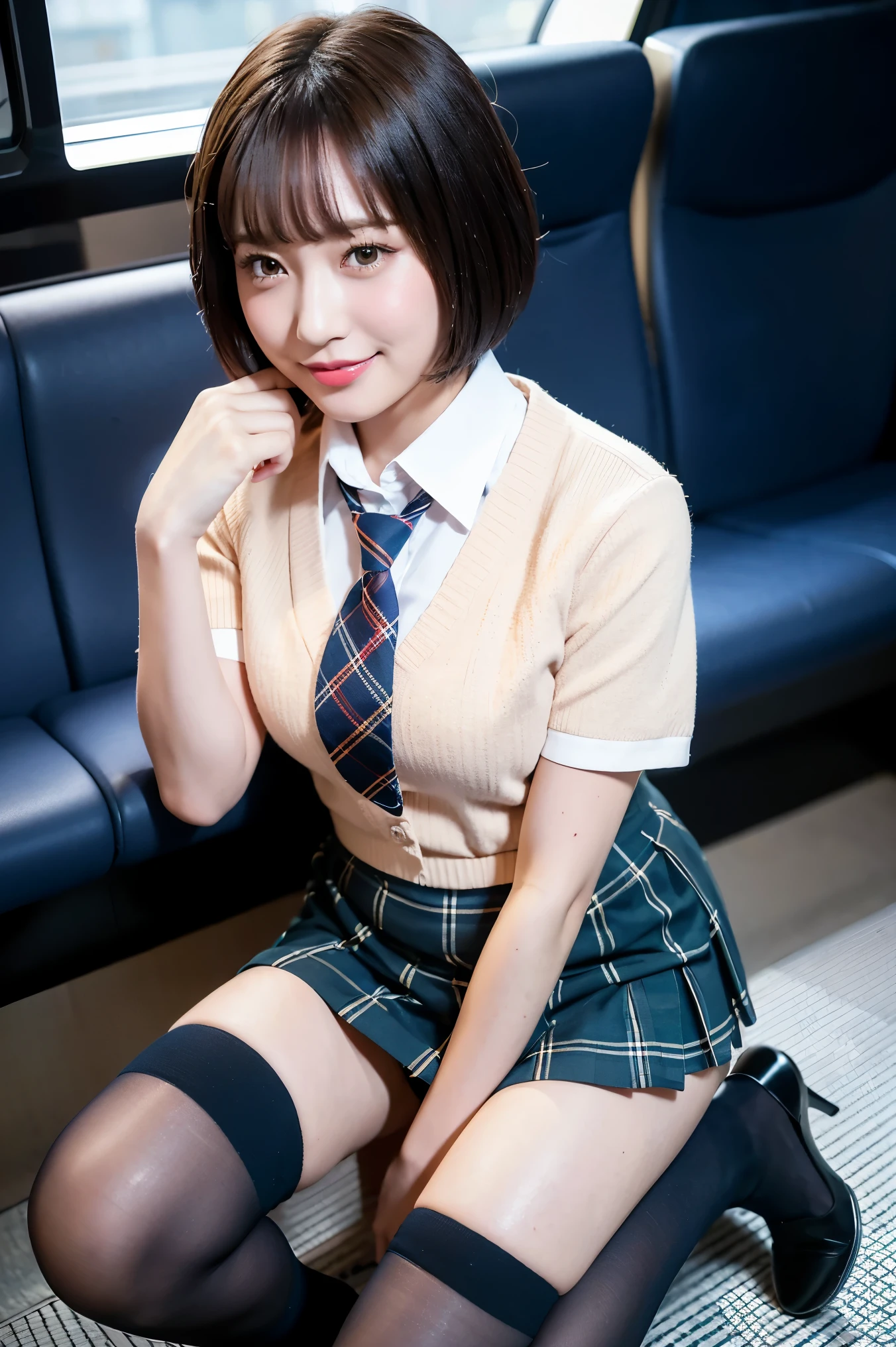 (8k), (highest quality: 1.2), (Realistic), (Realistic: 1.37), Ultra-high resolution, 1 girl, cute, Embarrassed smile, Blushing,Mouth closed, Peach-colored lip,Beautiful details, Beautiful Nose, Beautiful black hair, bangs,handsome short hair,Giant Dulcefo, pork, Thighs，Self Snap,University uniform,Sitting on a Tokyo train at night,simple blazer,Pleated skirt,(The pattern of the skirt and tie is a tartan check pattern....:1.3),Crossing your legs, From above,(Thighsにクローズアップ),(光沢のあるThighs),(Opaque blue knee-high socks:1.2),Put your face forward