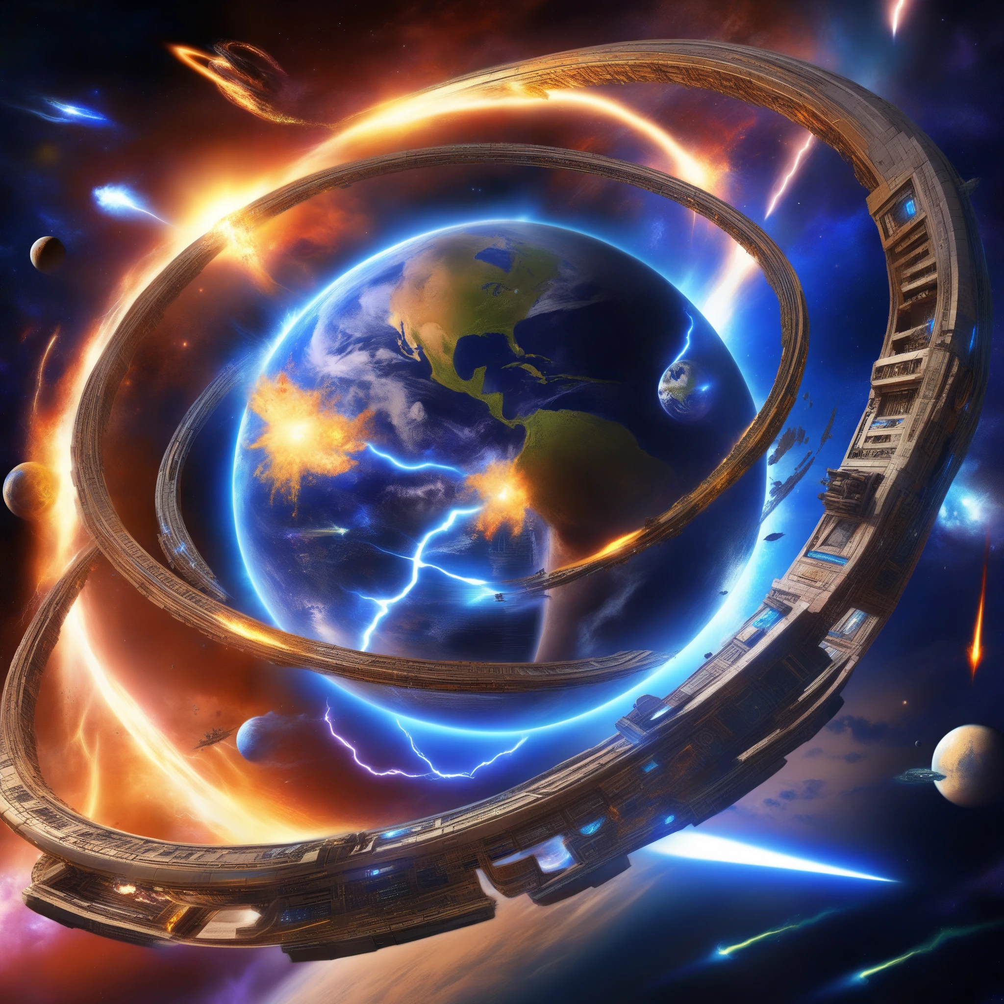 Tragedy of the world, dying worlds , destroyed atmosphere, junk in outer space, cataclysms : 2.0, Lightning fire tornado, dying stars, parallax, apocalypse, attack by a superior race consisting of blue shiny particles, they are formless something, worlds split one by one, destroyed moon, shockwave diverging rings in space,(strong rotation of everything), lots of details : 1.4, skill : 1.6, fantasy art : 1.7