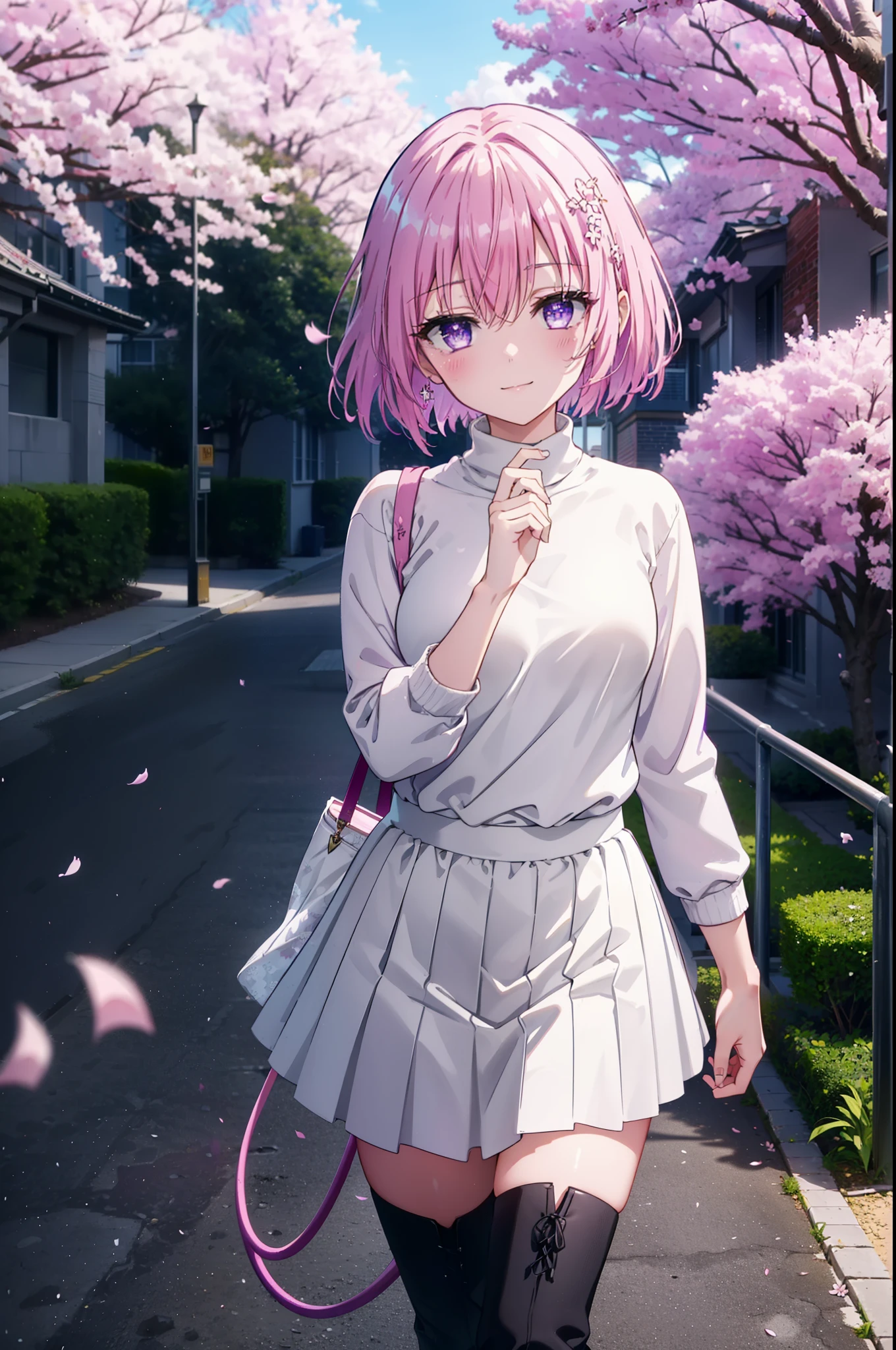Momodebilke, Deviluke Type, demon tail, Hair Flowers, hair ornaments, (Purple eyes:1.1), Pink Hair, short hair, tail, happy smile, smile, Open your mouth,smile,blush,
break demon tail, Turtleneck sweater,Long skirt,short boots,Cherry blossoms are blooming,Cherry blossoms are scattered,Cherry blossom tree-lined path,walking,
break outdoors, School School building,
break looking at viewer, (Cowboy Shot:1.5),
break (masterpiece:1.2), highest quality, High resolution, unity 8k wallpaper, (figure:0.8), (beautiful detailed eyes:1.6), extremely detailed face, Perfect lighting, extremely detailed CG, (Perfect hands, Perfect Anatomy),