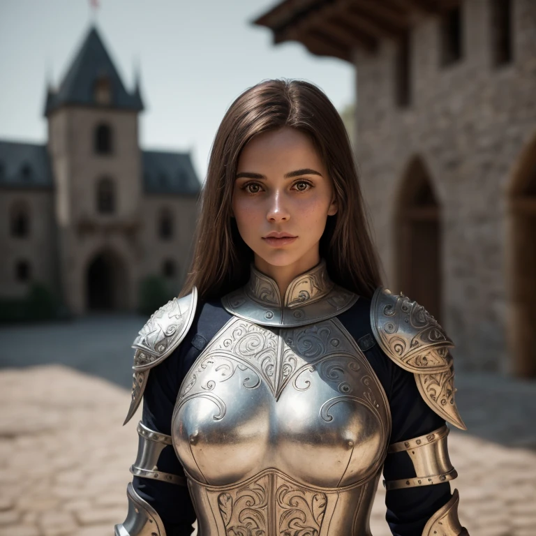 (masterpiece), (extremely intricate:1.3),, (realistic), portrait of a girl, the most beautiful in the world, (medieval armor), metal reflections, upper body, outdoors, intense sunlight, far away castle, professional photograph of a stunning woman detailed, sharp focus, dramatic, award winning, cinematic lighting, octane render, unreal engine, volumetrics dtx, (film grain, bokeh, blurry foreground, blurry background), crest on chest