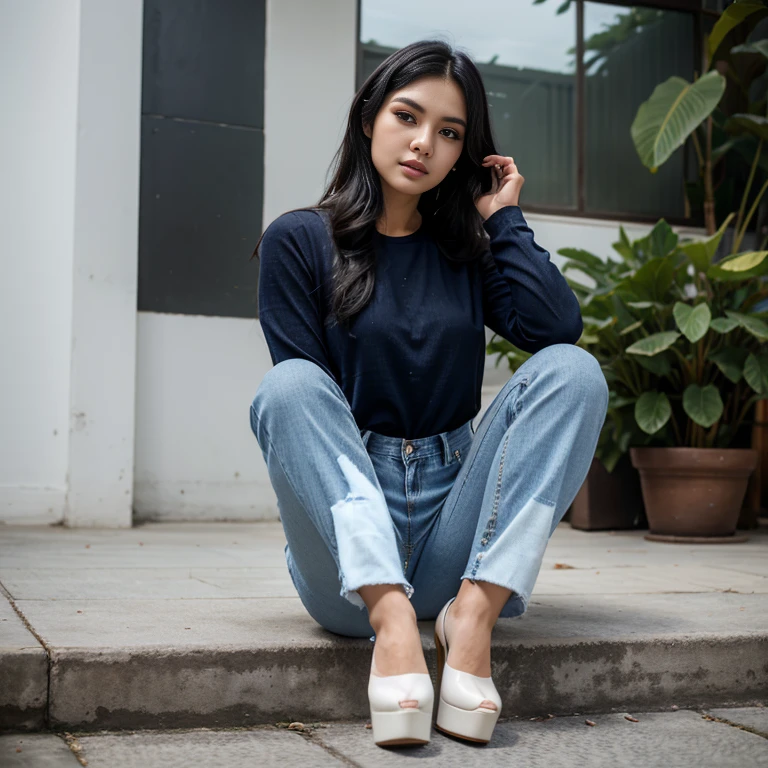 Sweet beautiful Bogor city girl, georgeus face, 22 years old, slim body, wavy black hairs, wearing blue jeans trousers, wearing long sleeve white buttoned dress, wearing high heels,
realistic, very detail,