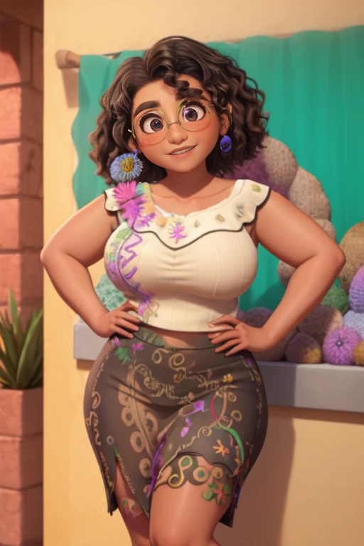 mirabel madrigal, copos, sorriso, ((sleeveless sweater)), fundo do mercado, (((pencil skirt))), (((pele marrom))), pele detalhada, Pernas perfeitas, coxas perfeitas, (((curvy body)))