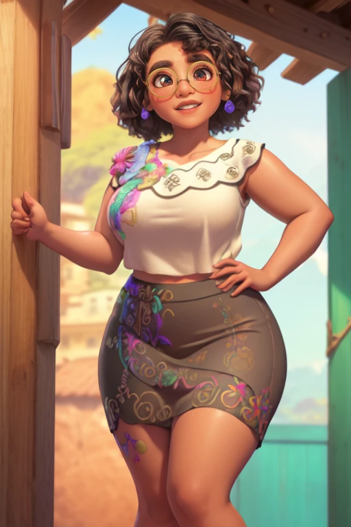 mirabel madrigal,  copos, sorriso, ((sleeveless sweater)), fundo do mercado, (((pencil skirt))), (((pele marrom))), pele detalhada, Pernas perfeitas, coxas perfeitas, (((curvy body)))