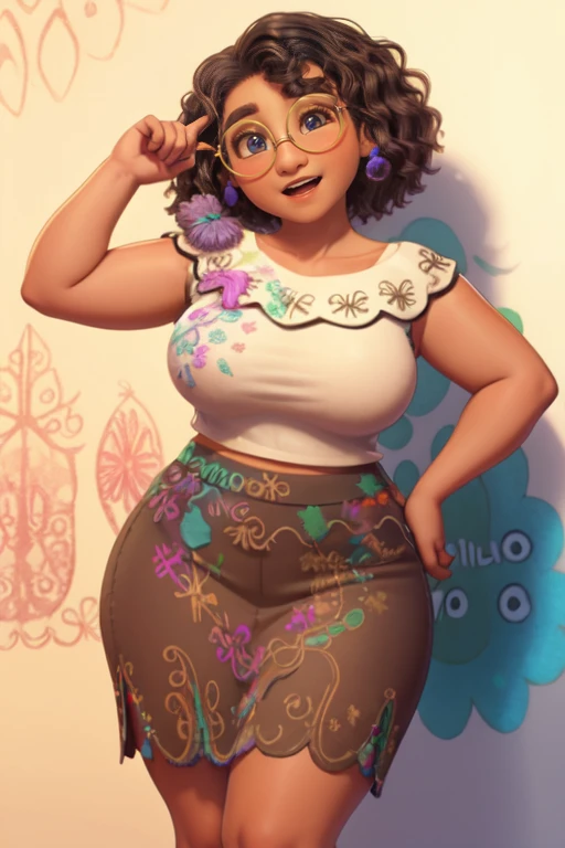 mirabel madrigal,  copos, sorriso, ((sleeveless sweater)), fundo do mercado, (((pencil skirt))), (((pele marrom))), pele detalhada, Pernas perfeitas, coxas perfeitas, (((curvy body)))