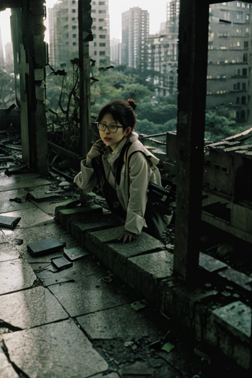 City,moss,Collapse,Devastation,Inside the ruins is narrow,Showa,Glasses,Women,adventure,Black and White,