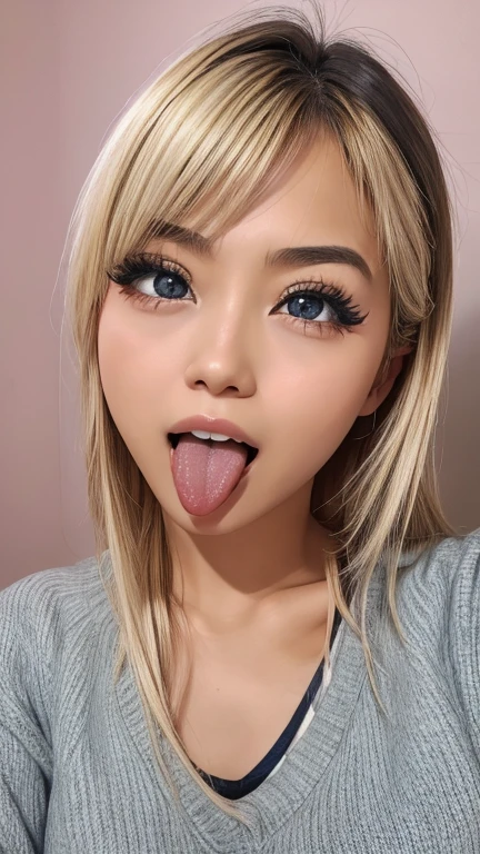 Japanese women, beautiful girl, Gal,Blonde、 Baby Face, Realistic skin of the highest quality, Eyes are focused, 20-year-old, Sticking out tongue, Focus on the mouth, Open your mouth, Long Tongue, saliva, Open your mouth wide, I can see inside the mouth, Open your mouth and 舌を突き出す, realistic tongue