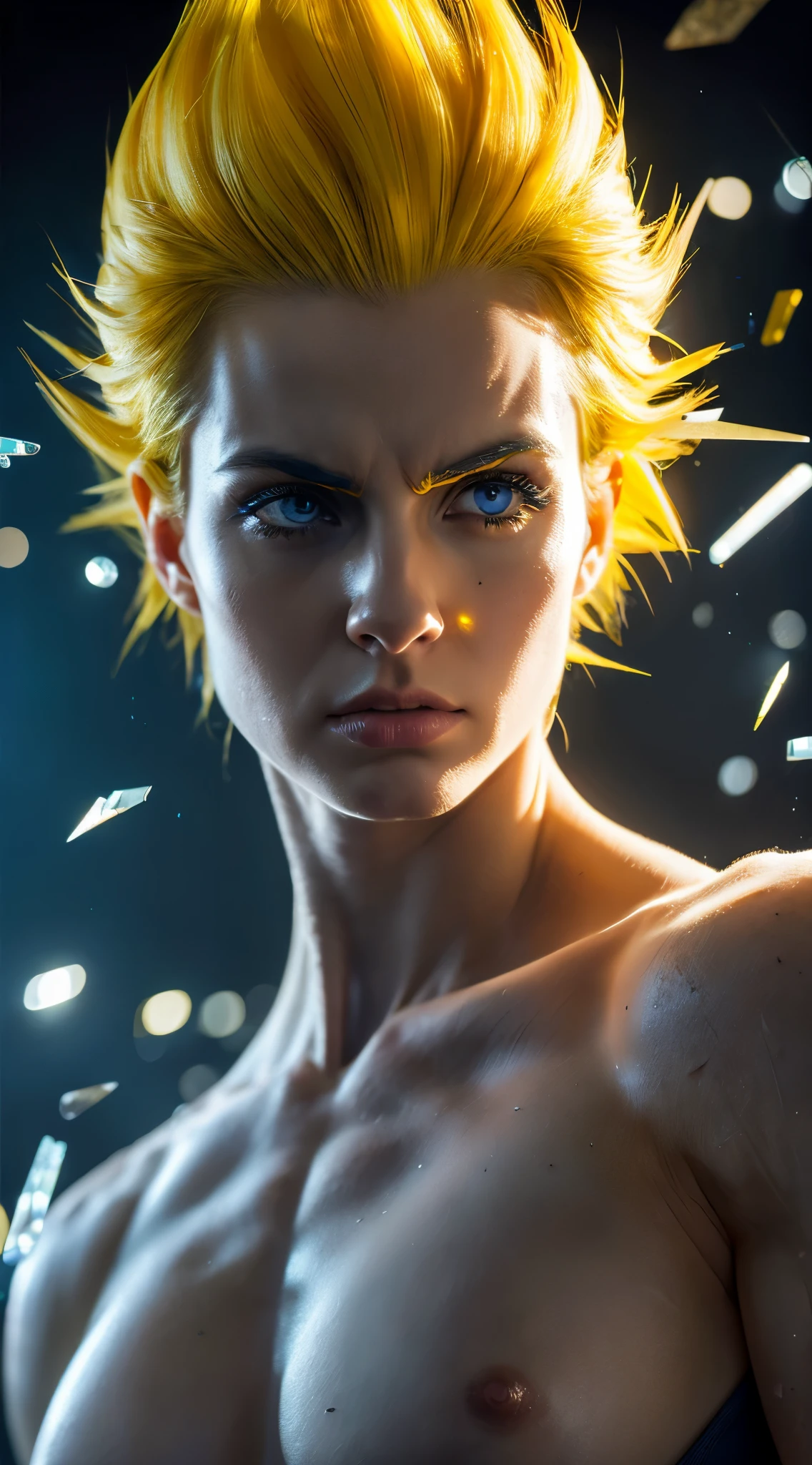 8K portrait of a muscular Vegeta, yellow hair, blue eyes, Complex, elegant, Very detailed, whole body, Majestic, Digital photography, Artgerm、Ruan Jia、Art by Greg Rutkowski, Black Hair, Beardless face, Broken glass (masterpiece, Side lighting, Beautifully detailed eyes: 1.2 ), High resolution,