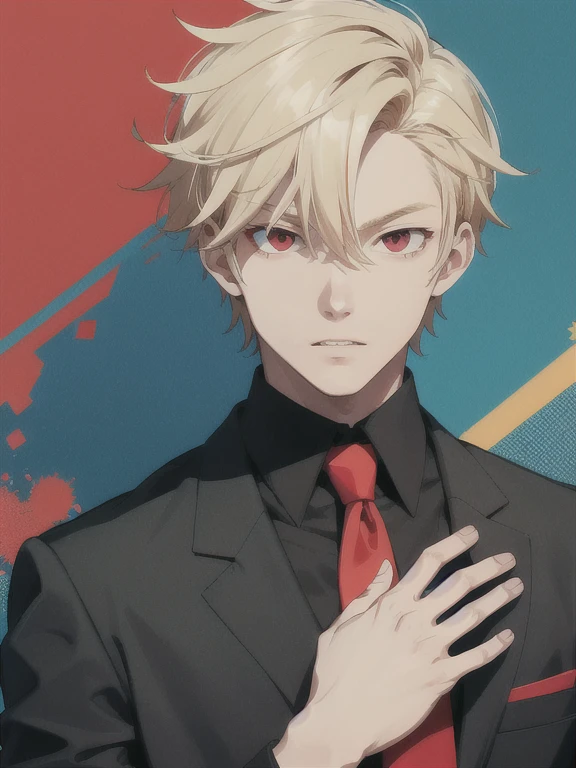 illustration style, atractive boy, red eyes, handsome,serious,tidy, blonde hair,high school student, clothes,colorful