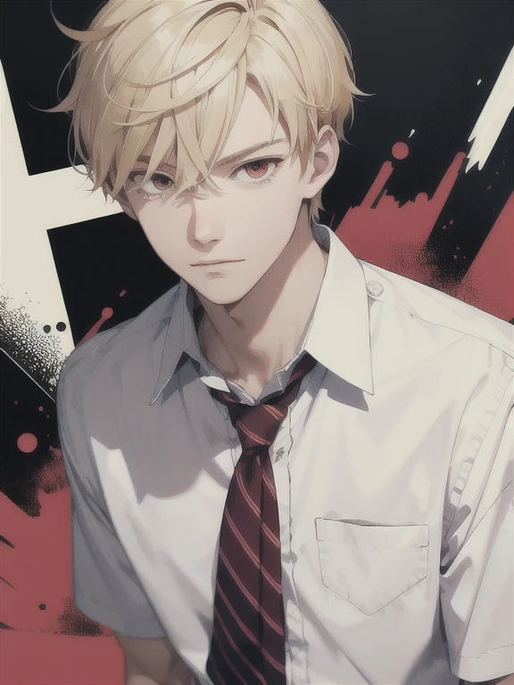 illustration style, atractive boy, red eyes, handsome,serious,tidy, blonde hair,high school student, clothes,colorful