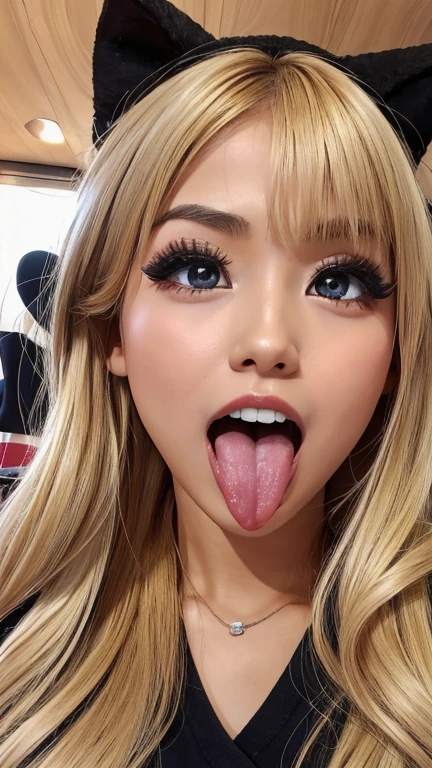 Japanese women, beautiful girl, Gal,Blonde、 , Realistic skin of the highest quality, Eyes are focused, 20-year-old, Sticking out tongue, Focus on the mouth, Open your mouth, Long Tongue, saliva, Open your mouth , You can see inside the mouth, Open your mouth 舌を突き出す, realistic tongue