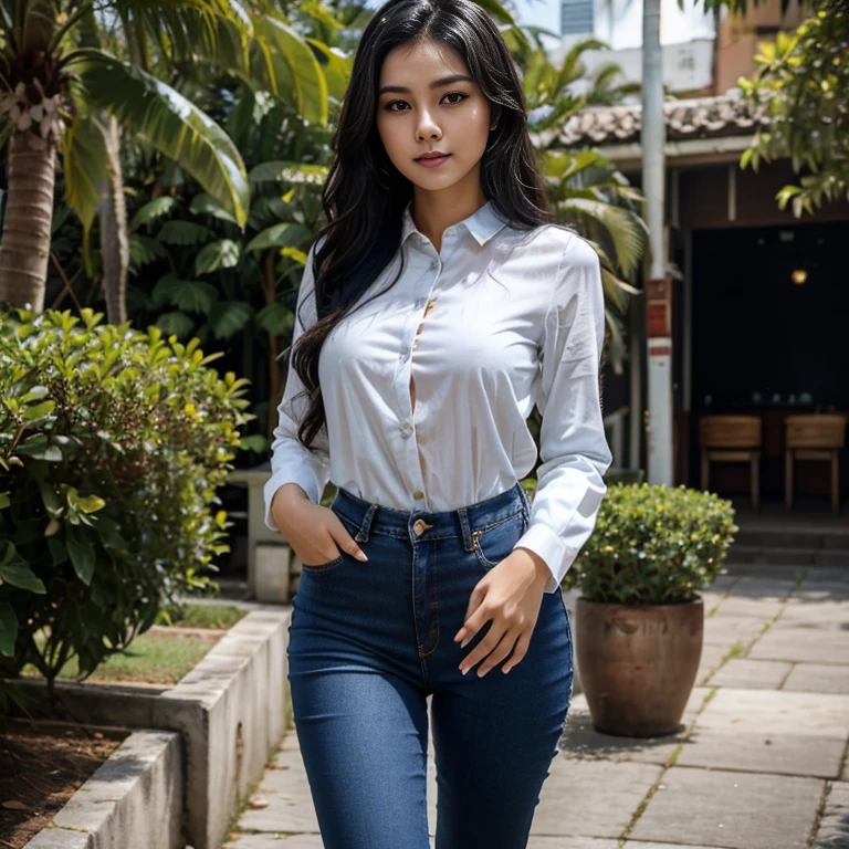 Sweet beautiful Bogor city girl, georgeus face, 22 years old, slim body, wavy black hairs, wearing blue jeans trousers, wearing long sleeve white buttoned dress, wearing high heels, very realistic, very detail, in the sunny morning,