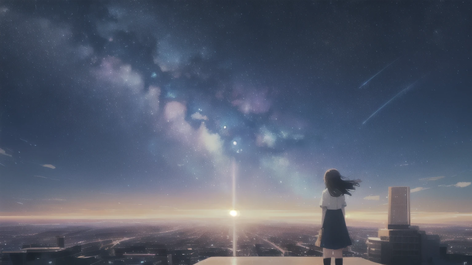 (((1 girl)))Starry sky with a girl looking at the stars, girl looks at the space, anime girl with cosmic hair, cosmos sem fim no fundo, girl in space, beautiful girl on the horizon, Makoto Shinkai Cyril Rolando, looking out into the cosmos, Anime art wallpaper 4k, Anime art wallpaper 4 K, Anime art wallpaper 8 K, on a galaxy looking background、and soul、By Shinkai Makoto、Vision、landscape、vanishing point、outrageous solution、High resolution、super detailed、The upper half represents the universe、fantasy、magic、big、prisma、beautiful lighting、bright lighting、soft lighting、Lots of sparkling magic lights、rainbow light、(spark:0.7)、A masterpiece of high quality, landscape,bright starry sky,pixiv, concept art, Lofiato style, reflection. by Makoto Shinkai, Lofiato, beautiful anime scene, Anime landscape, Detailed landscape - width 672, (((in Makoto Shinkai's style))), Enhanced details、Anime wallpaper of a girl looking at the sky and starry view,(((shot from behind)))、(((Night cityscape)))