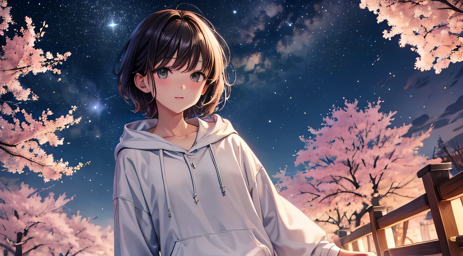 A young man looking at the Starry Sky　male　Draw a male！　Listen, it&#39;s male.！　Do you understand Japanese?！　One male！！　Man！　20s！　Cherry Blossoms at Night　Short Hair　brown hair　Starry Sky　White hoodie　Perfect face depiction　Perfect Hitoto portrayal　A perfect outfit description