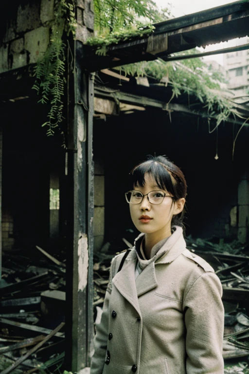 City,moss,Collapse,Devastation,Inside the ruins is narrow,Showa,Glasses,Women,adventure,Black and White,