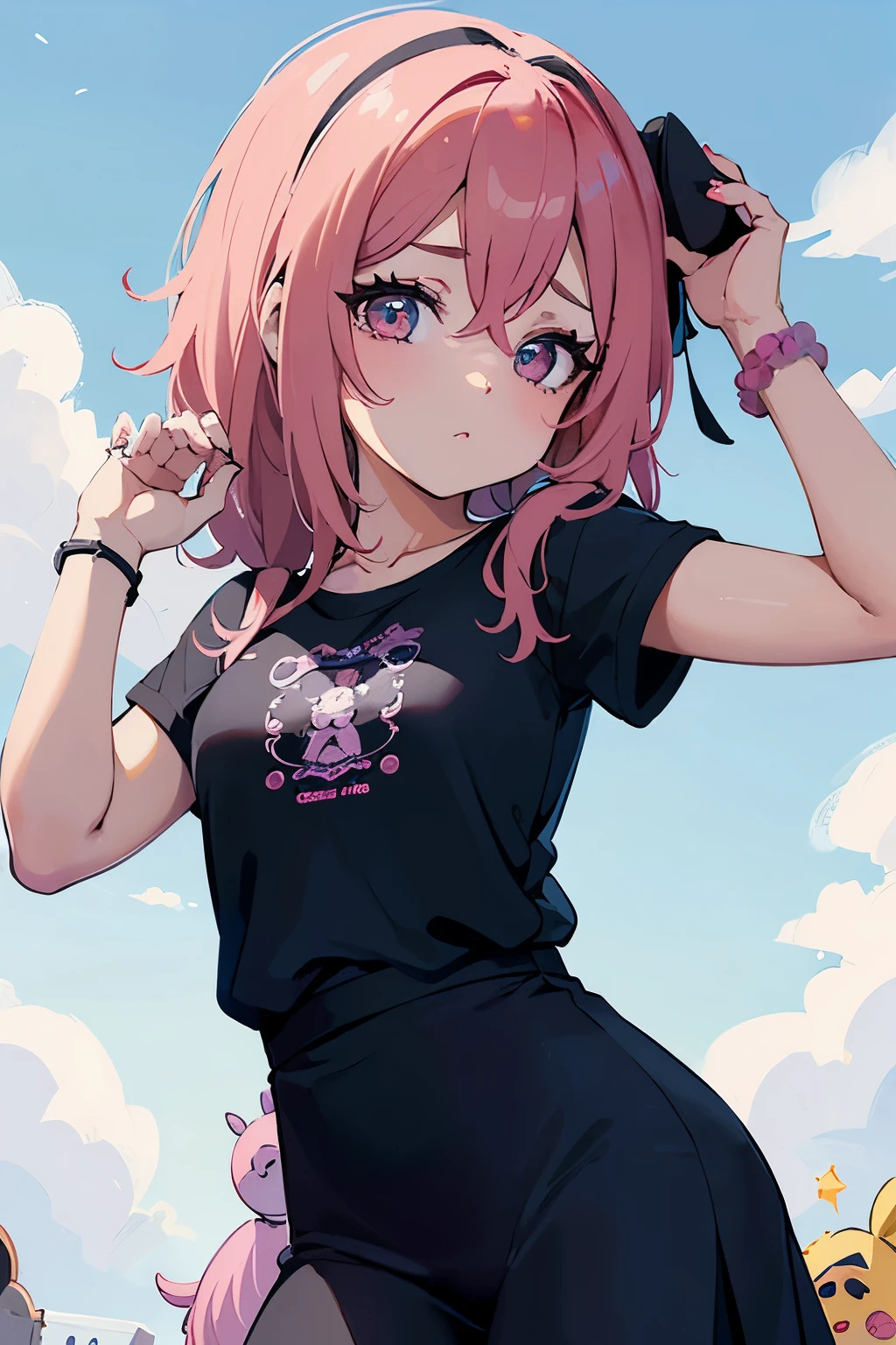 (solo:1.2),cute girl,(pink short hair),(casual wavy hair:1.3), blunt bangs,blush,head tilt,:3,upper body,black cap,oversized black t-shirt,simple background,cowboy shot,shadow,choker,