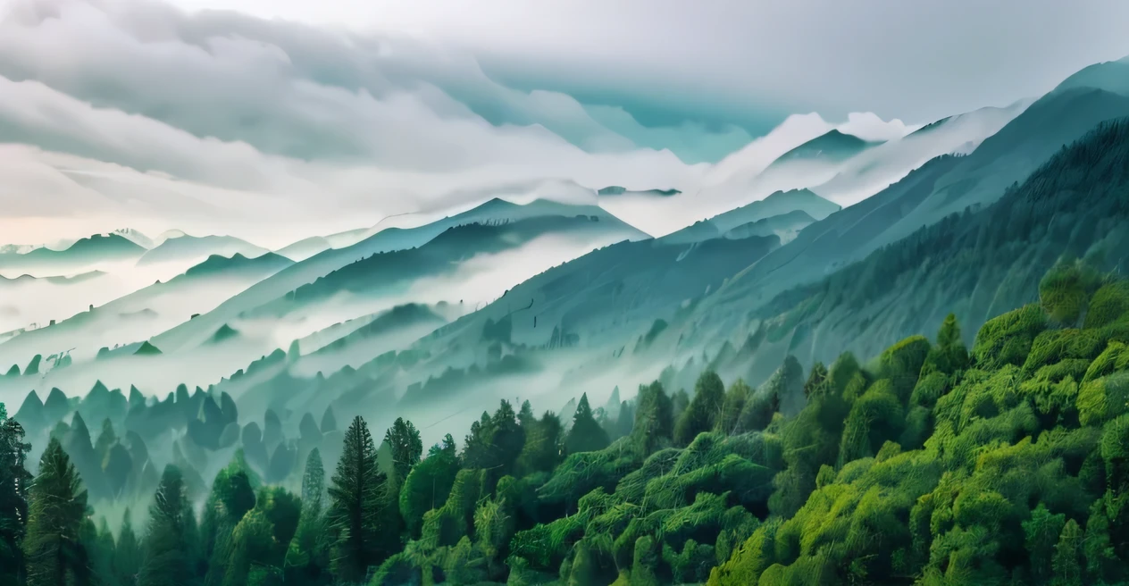 Detailed Landscape - Width 632，Height 333,  Mountains, Green Tree, foggy weather atmosphere, Foggy photos, Featured photos, high quality, Long distance fog, 3D parallax view effect, Mist, Mountains, Green Tree木