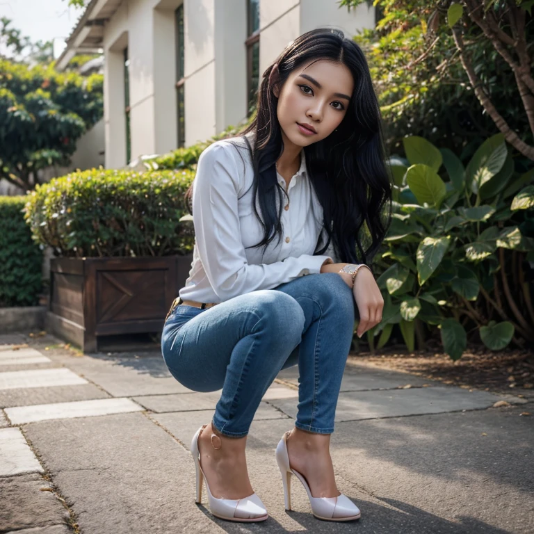 Sweet beautiful Bogor city girl, georgeus face, 22 years old, slim body, wavy black hairs, wearing blue jeans  hot trousers, wearing long sleeve white buttoned dress, wearing high heels, very realistic, very detail, in the sunny morning,