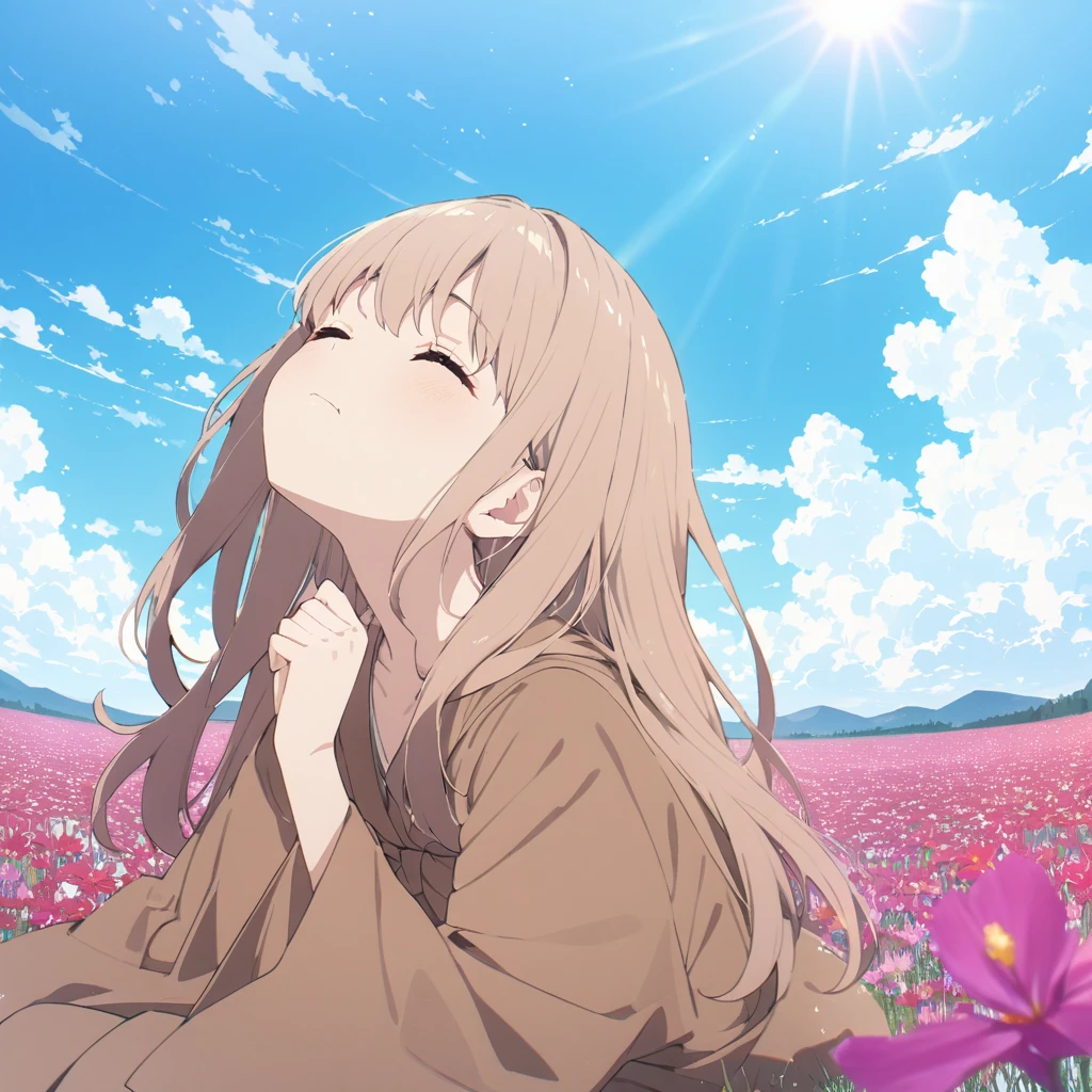 (highest quality, masterpiece), Turquoise Screen Filter, (One girl, alone, Brown robes, expression, look up, Sitting, Wide sleeves, Iris, Mouth closed, Long Hair, Cowboy Shot), (sunny, Cosmos field, cloud), ((「What is there in the sky we look up at?？」))