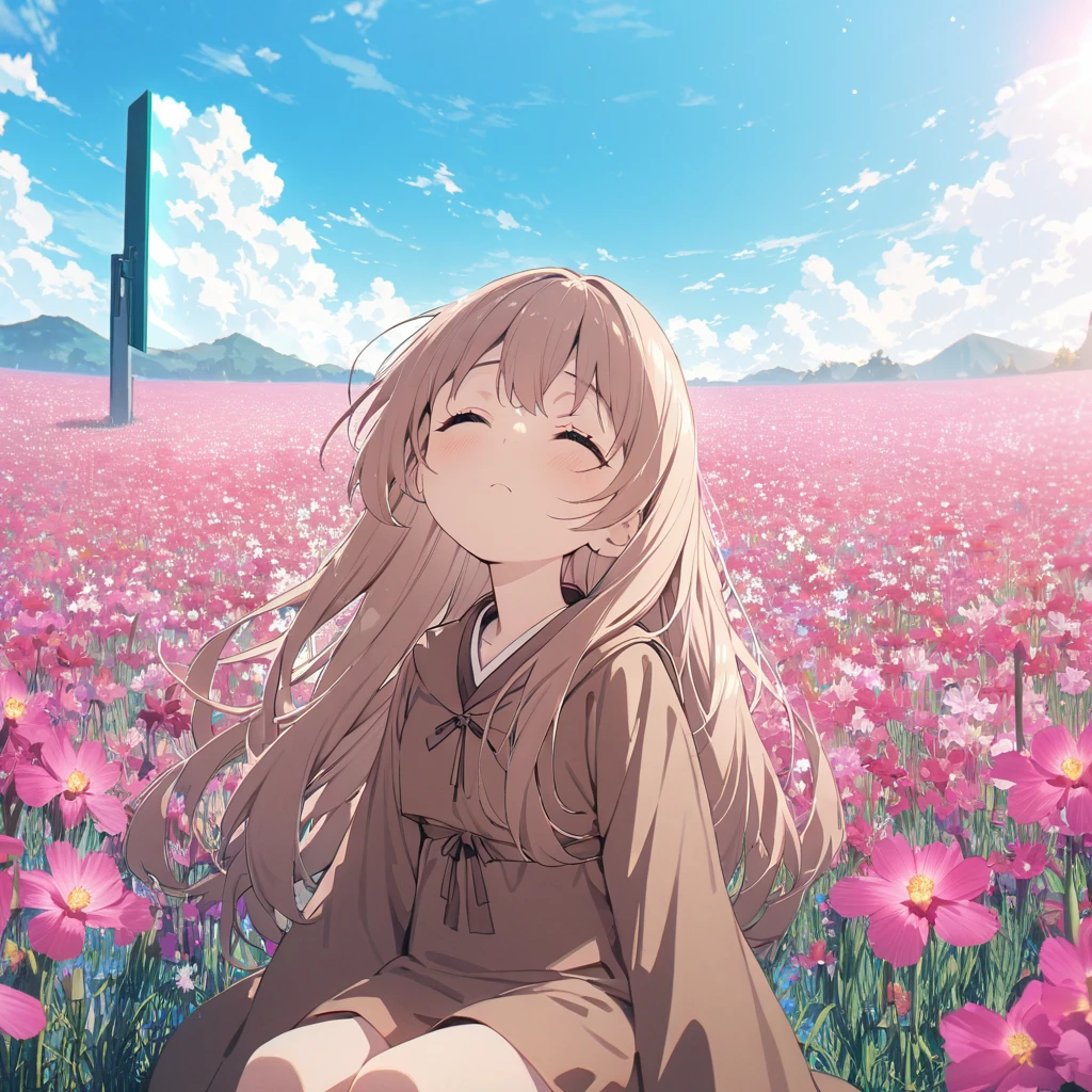 (highest quality, masterpiece), Turquoise Screen Filter, (One girl, alone, Brown robes, expression, look up, Sitting, Wide sleeves, Iris, Mouth closed, Long Hair, Cowboy Shot), (sunny, Cosmos field, cloud), ((「What is there in the sky we look up at?？」))